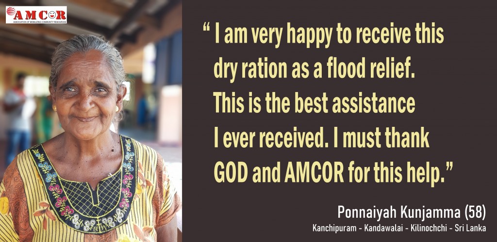 In February 2019, AMCOR provided 1438 dry food packs worth of LKR 9,202/- to 1438 women headed families affected by floods in Kandawalai Divisional Secretariat Division of Kilinochchi District.